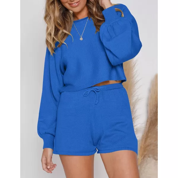 imageZESICA Womens Casual Long Sleeve Solid Color Knit Pullover Sweatsuit 2 Piece Short Sweater Outfits SetsRoyalblue
