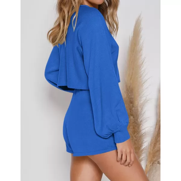 imageZESICA Womens Casual Long Sleeve Solid Color Knit Pullover Sweatsuit 2 Piece Short Sweater Outfits SetsRoyalblue