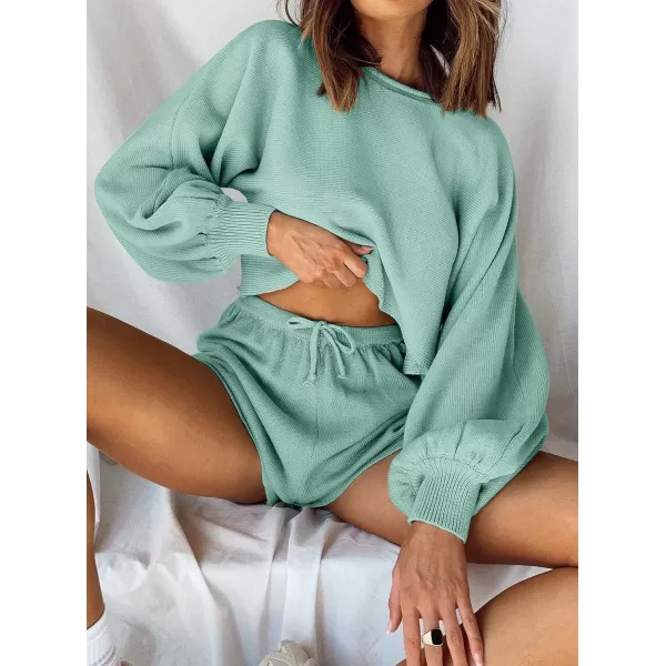 imageZESICA Womens Casual Long Sleeve Solid Color Knit Pullover Sweatsuit 2 Piece Short Sweater Outfits SetsSage
