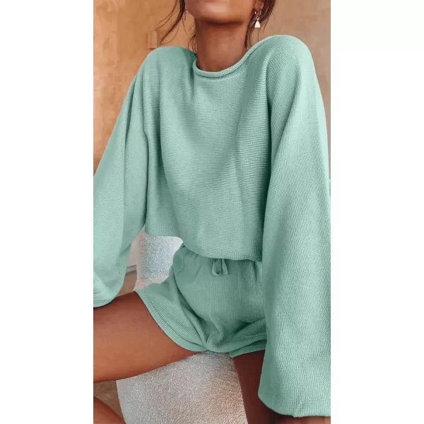 imageZESICA Womens Casual Long Sleeve Solid Color Knit Pullover Sweatsuit 2 Piece Short Sweater Outfits SetsSage