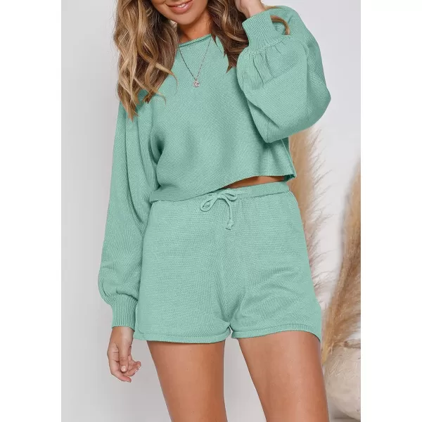 imageZESICA Womens Casual Long Sleeve Solid Color Knit Pullover Sweatsuit 2 Piece Short Sweater Outfits SetsSage