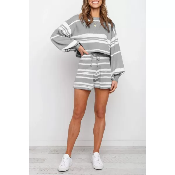 imageZESICA Womens Casual Long Sleeve Solid Color Knit Pullover Sweatsuit 2 Piece Short Sweater Outfits SetsStripedgrey