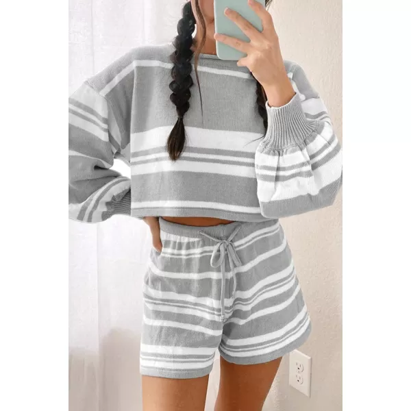 imageZESICA Womens Casual Long Sleeve Solid Color Knit Pullover Sweatsuit 2 Piece Short Sweater Outfits SetsStripedgrey