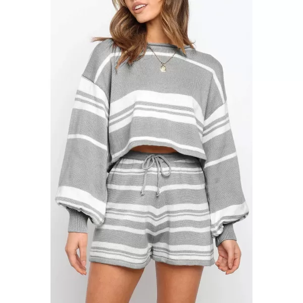 imageZESICA Womens Casual Long Sleeve Solid Color Knit Pullover Sweatsuit 2 Piece Short Sweater Outfits SetsStripedgrey