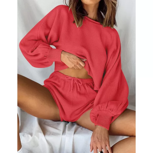 imageZESICA Womens Casual Long Sleeve Solid Color Knit Pullover Sweatsuit 2 Piece Short Sweater Outfits SetsWatermelon
