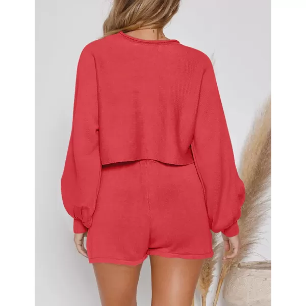 imageZESICA Womens Casual Long Sleeve Solid Color Knit Pullover Sweatsuit 2 Piece Short Sweater Outfits SetsWatermelon