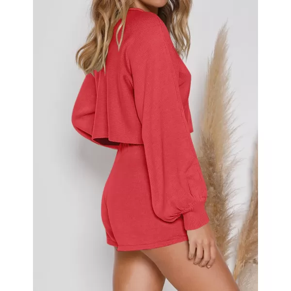 imageZESICA Womens Casual Long Sleeve Solid Color Knit Pullover Sweatsuit 2 Piece Short Sweater Outfits SetsWatermelon