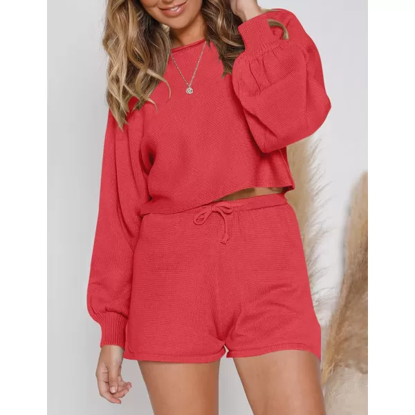 imageZESICA Womens Casual Long Sleeve Solid Color Knit Pullover Sweatsuit 2 Piece Short Sweater Outfits SetsWatermelon