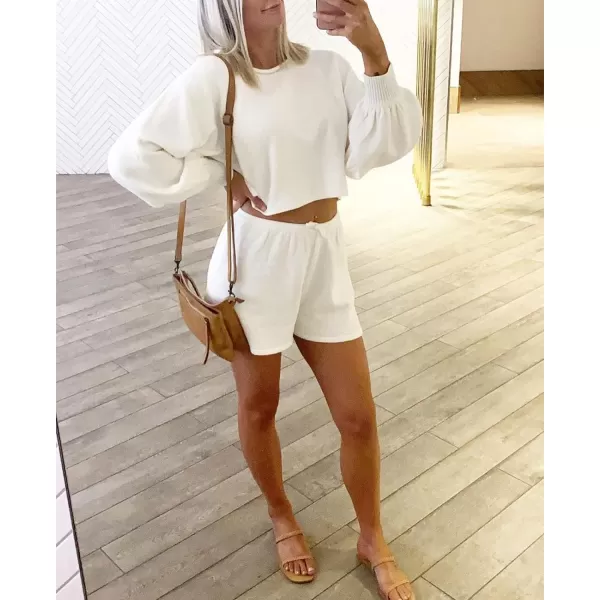 imageZESICA Womens Casual Long Sleeve Solid Color Knit Pullover Sweatsuit 2 Piece Short Sweater Outfits SetsWhite
