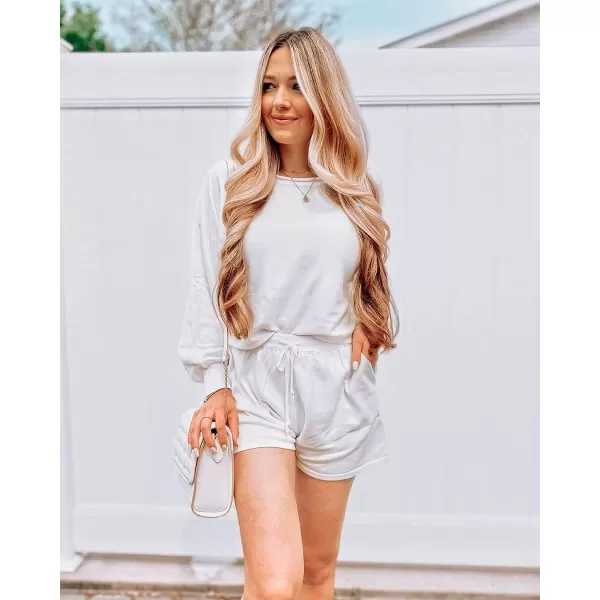 imageZESICA Womens Casual Long Sleeve Solid Color Knit Pullover Sweatsuit 2 Piece Short Sweater Outfits SetsWhite