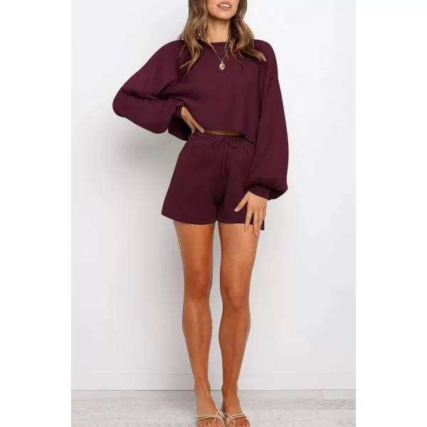 imageZESICA Womens Casual Long Sleeve Solid Color Knit Pullover Sweatsuit 2 Piece Short Sweater Outfits SetsWine