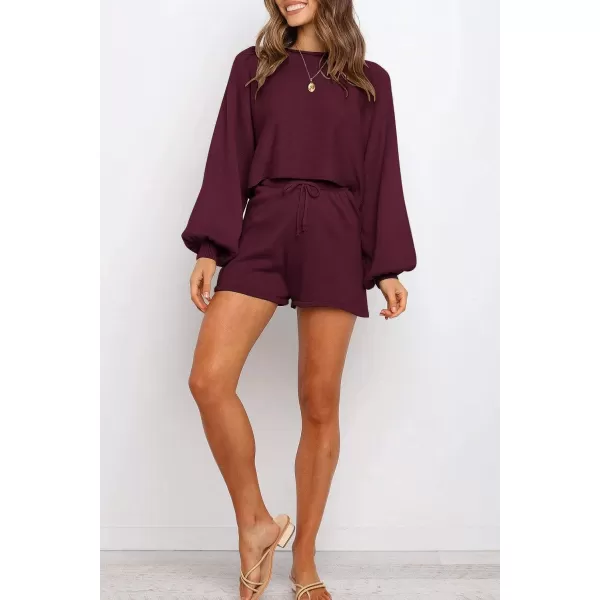 imageZESICA Womens Casual Long Sleeve Solid Color Knit Pullover Sweatsuit 2 Piece Short Sweater Outfits SetsWine