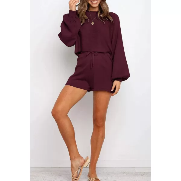imageZESICA Womens Casual Long Sleeve Solid Color Knit Pullover Sweatsuit 2 Piece Short Sweater Outfits SetsWine