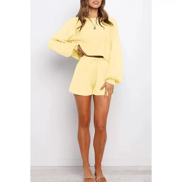 imageZESICA Womens Casual Long Sleeve Solid Color Knit Pullover Sweatsuit 2 Piece Short Sweater Outfits SetsYellow