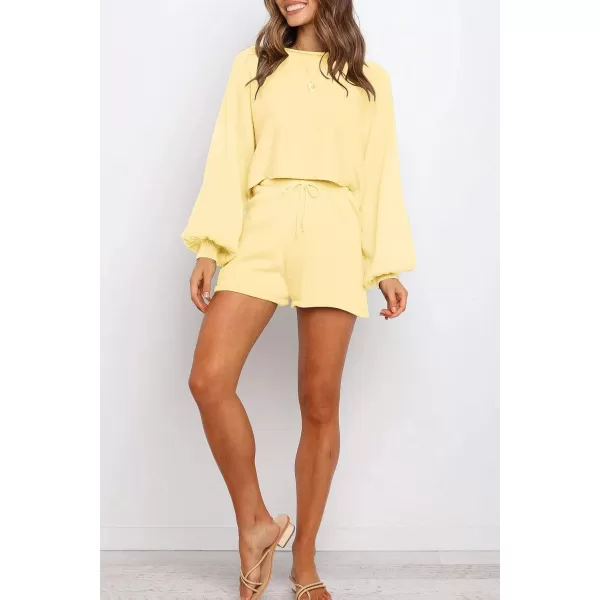 imageZESICA Womens Casual Long Sleeve Solid Color Knit Pullover Sweatsuit 2 Piece Short Sweater Outfits SetsYellow