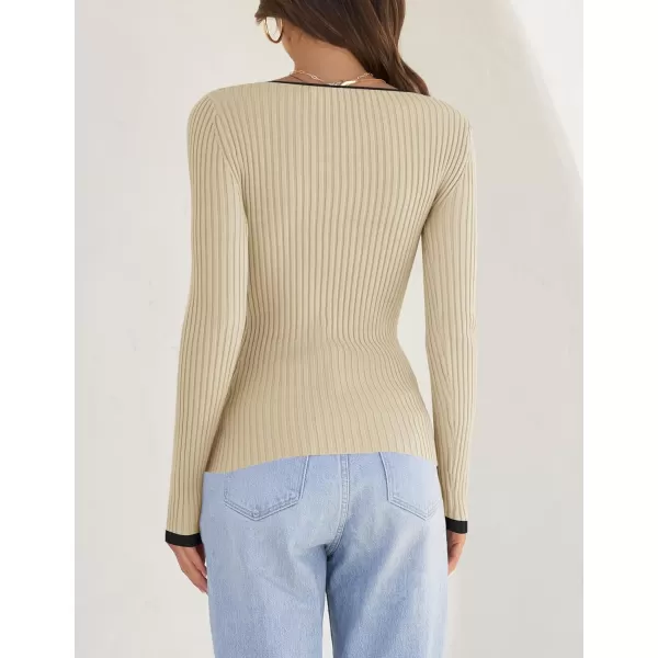 imageZESICA Womens Casual Long Sleeve Tops Square Neck Basic Shirts Fall Winter Slim Fitted Ribbed Knit SweatersBeige