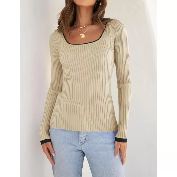 imageZESICA Womens Casual Long Sleeve Tops Square Neck Basic Shirts Fall Winter Slim Fitted Ribbed Knit SweatersBeige