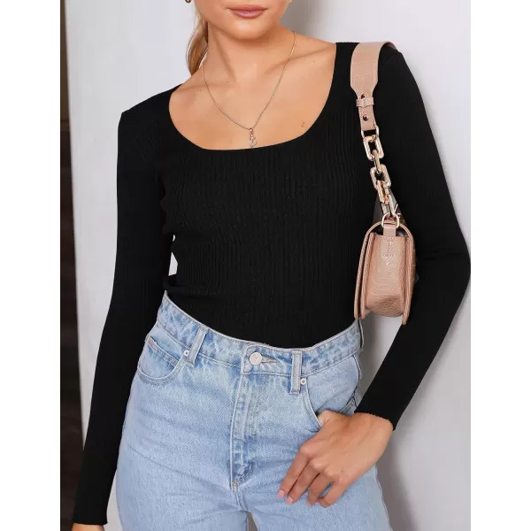 imageZESICA Womens Casual Long Sleeve Tops Square Neck Basic Shirts Fall Winter Slim Fitted Ribbed Knit SweatersBlack