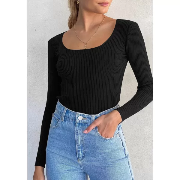 imageZESICA Womens Casual Long Sleeve Tops Square Neck Basic Shirts Fall Winter Slim Fitted Ribbed Knit SweatersBlack