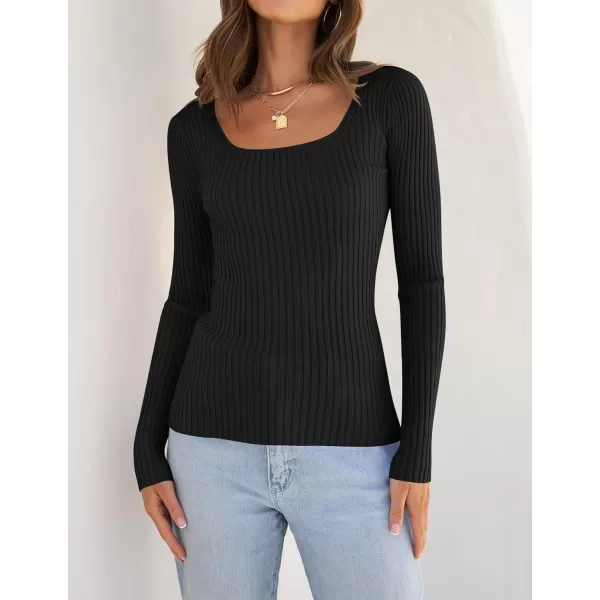 imageZESICA Womens Casual Long Sleeve Tops Square Neck Basic Shirts Fall Winter Slim Fitted Ribbed Knit SweatersBlack