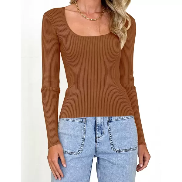 imageZESICA Womens Casual Long Sleeve Tops Square Neck Basic Shirts Fall Winter Slim Fitted Ribbed Knit SweatersBrown