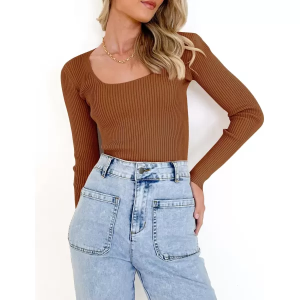 imageZESICA Womens Casual Long Sleeve Tops Square Neck Basic Shirts Fall Winter Slim Fitted Ribbed Knit SweatersBrown