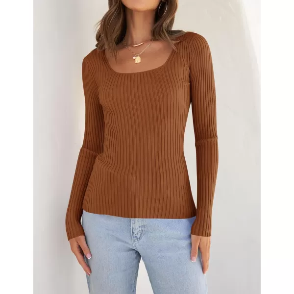 imageZESICA Womens Casual Long Sleeve Tops Square Neck Basic Shirts Fall Winter Slim Fitted Ribbed Knit SweatersBrown