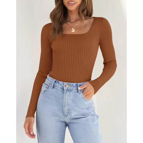imageZESICA Womens Casual Long Sleeve Tops Square Neck Basic Shirts Fall Winter Slim Fitted Ribbed Knit SweatersBrown