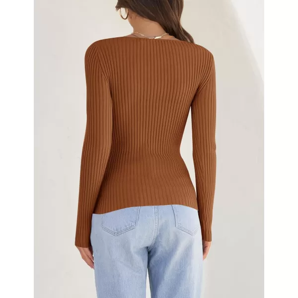 imageZESICA Womens Casual Long Sleeve Tops Square Neck Basic Shirts Fall Winter Slim Fitted Ribbed Knit SweatersBrown