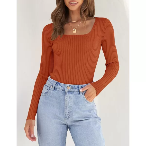 imageZESICA Womens Casual Long Sleeve Tops Square Neck Basic Shirts Fall Winter Slim Fitted Ribbed Knit SweatersCaramel