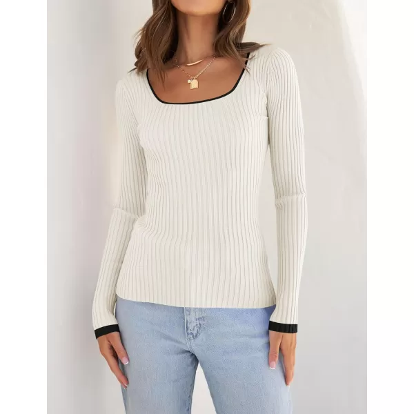 imageZESICA Womens Casual Long Sleeve Tops Square Neck Basic Shirts Fall Winter Slim Fitted Ribbed Knit SweatersCream