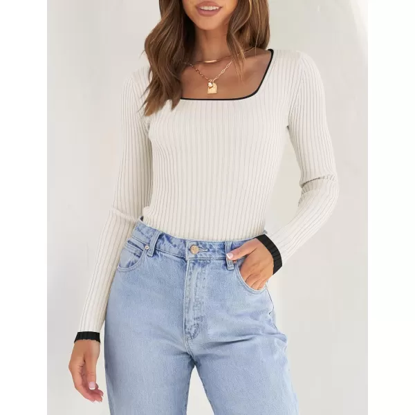 imageZESICA Womens Casual Long Sleeve Tops Square Neck Basic Shirts Fall Winter Slim Fitted Ribbed Knit SweatersCream