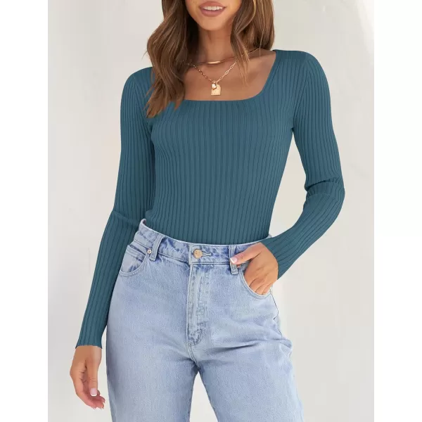imageZESICA Womens Casual Long Sleeve Tops Square Neck Basic Shirts Fall Winter Slim Fitted Ribbed Knit SweatersDarkblue