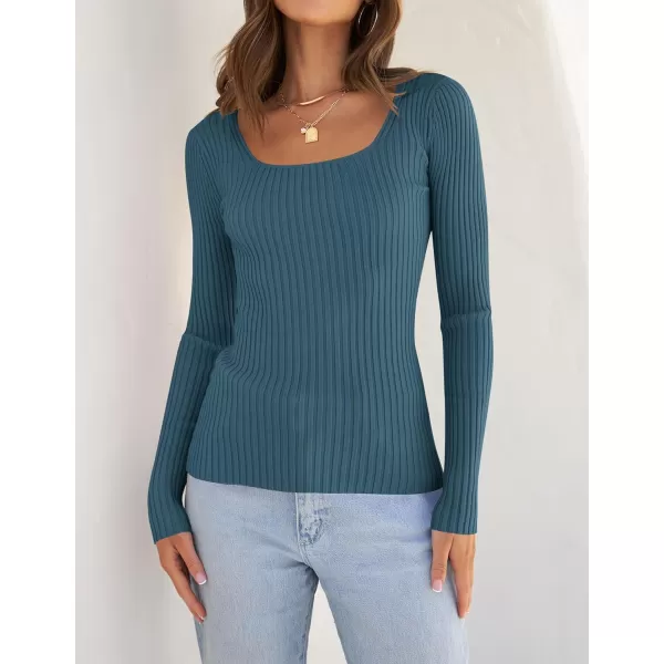 imageZESICA Womens Casual Long Sleeve Tops Square Neck Basic Shirts Fall Winter Slim Fitted Ribbed Knit SweatersDarkblue