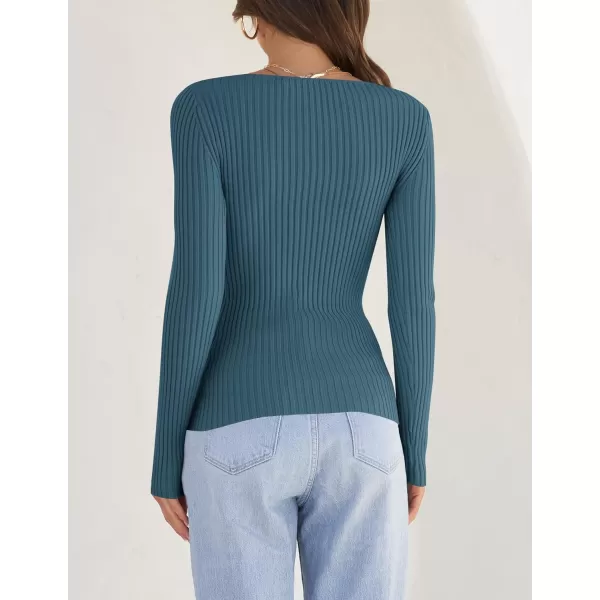 imageZESICA Womens Casual Long Sleeve Tops Square Neck Basic Shirts Fall Winter Slim Fitted Ribbed Knit SweatersDarkblue