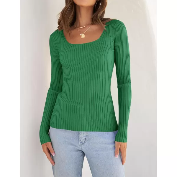 imageZESICA Womens Casual Long Sleeve Tops Square Neck Basic Shirts Fall Winter Slim Fitted Ribbed Knit SweatersGreen