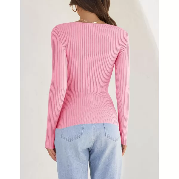 imageZESICA Womens Casual Long Sleeve Tops Square Neck Basic Shirts Fall Winter Slim Fitted Ribbed Knit SweatersHotpink