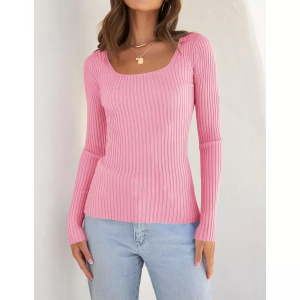 imageZESICA Womens Casual Long Sleeve Tops Square Neck Basic Shirts Fall Winter Slim Fitted Ribbed Knit SweatersHotpink