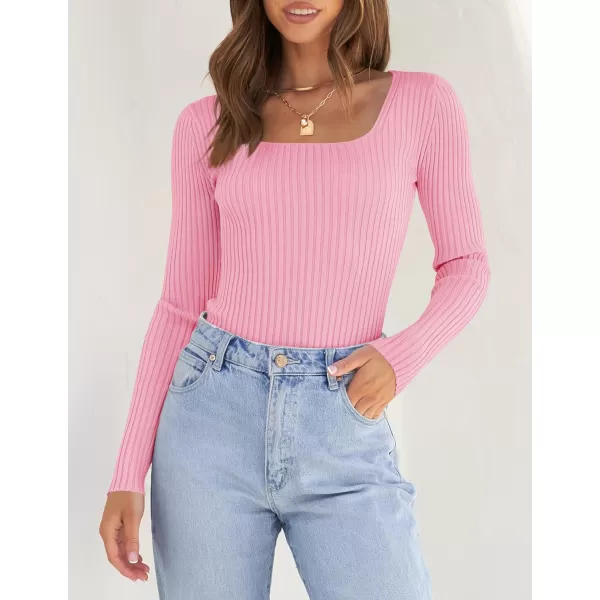 imageZESICA Womens Casual Long Sleeve Tops Square Neck Basic Shirts Fall Winter Slim Fitted Ribbed Knit SweatersHotpink