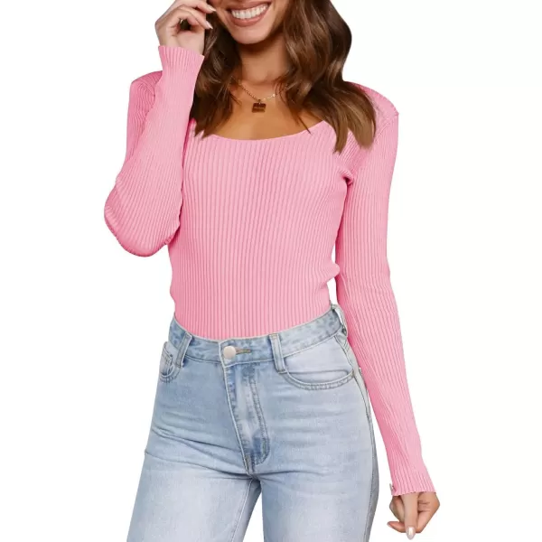 imageZESICA Womens Casual Long Sleeve Tops Square Neck Basic Shirts Fall Winter Slim Fitted Ribbed Knit SweatersHotpink