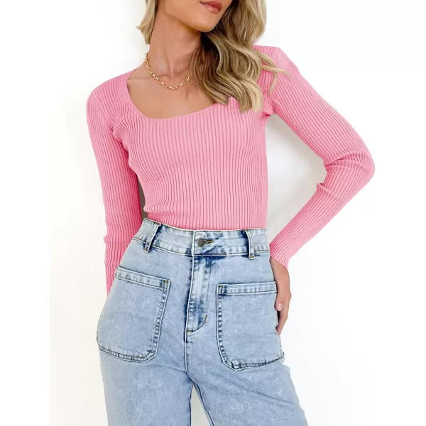 imageZESICA Womens Casual Long Sleeve Tops Square Neck Basic Shirts Fall Winter Slim Fitted Ribbed Knit SweatersHotpink