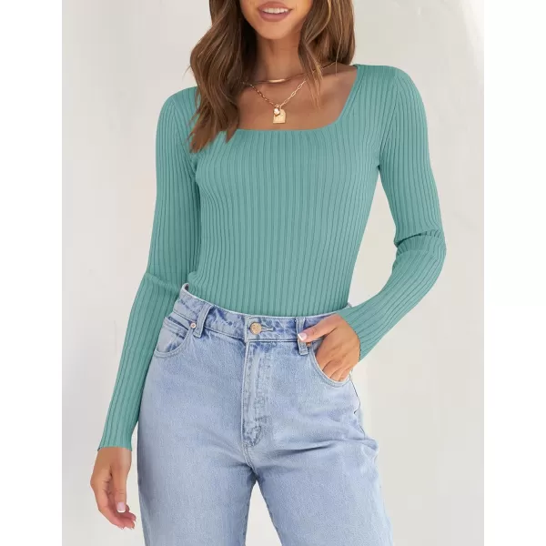 imageZESICA Womens Casual Long Sleeve Tops Square Neck Basic Shirts Fall Winter Slim Fitted Ribbed Knit SweatersMint