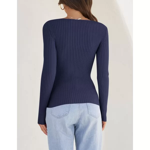 imageZESICA Womens Casual Long Sleeve Tops Square Neck Basic Shirts Fall Winter Slim Fitted Ribbed Knit SweatersNavy
