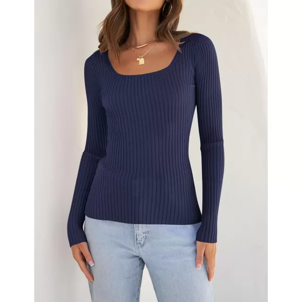 imageZESICA Womens Casual Long Sleeve Tops Square Neck Basic Shirts Fall Winter Slim Fitted Ribbed Knit SweatersNavy