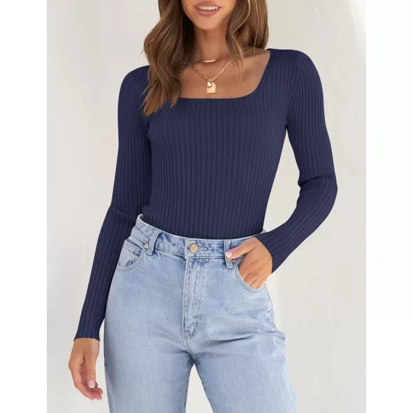 imageZESICA Womens Casual Long Sleeve Tops Square Neck Basic Shirts Fall Winter Slim Fitted Ribbed Knit SweatersNavy