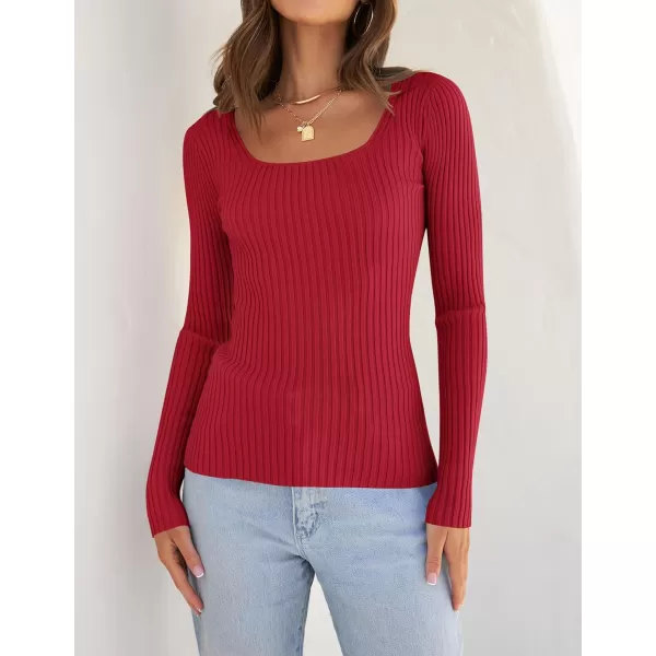 imageZESICA Womens Casual Long Sleeve Tops Square Neck Basic Shirts Fall Winter Slim Fitted Ribbed Knit SweatersRed