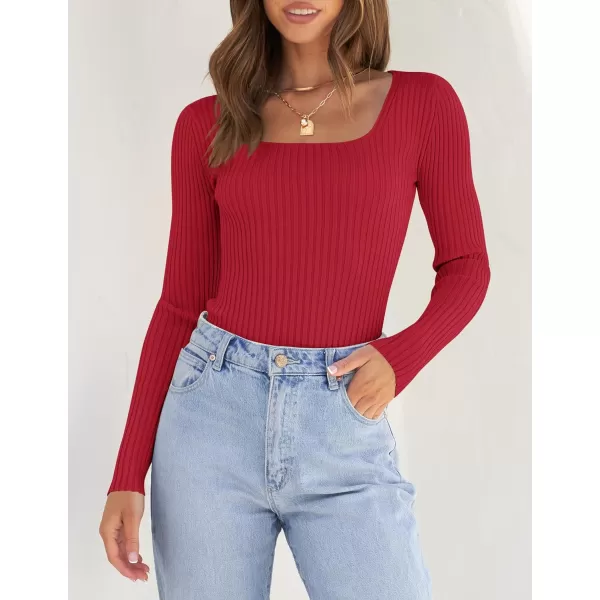 imageZESICA Womens Casual Long Sleeve Tops Square Neck Basic Shirts Fall Winter Slim Fitted Ribbed Knit SweatersRed
