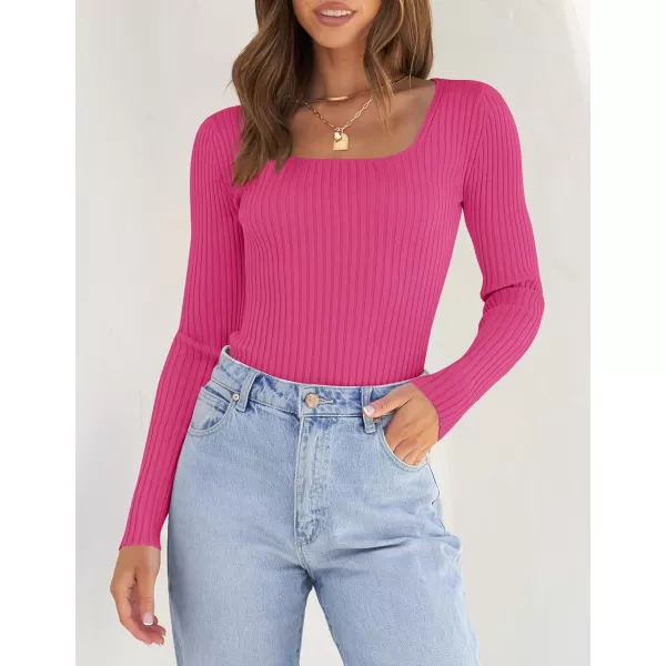 imageZESICA Womens Casual Long Sleeve Tops Square Neck Basic Shirts Fall Winter Slim Fitted Ribbed Knit SweatersRose