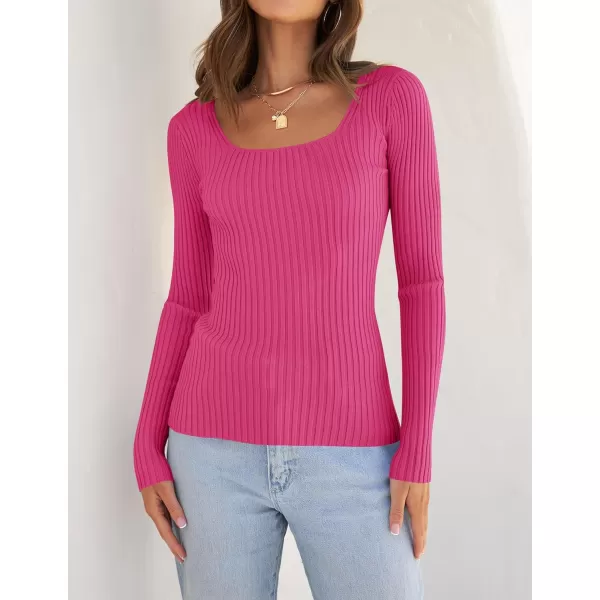 imageZESICA Womens Casual Long Sleeve Tops Square Neck Basic Shirts Fall Winter Slim Fitted Ribbed Knit SweatersRose