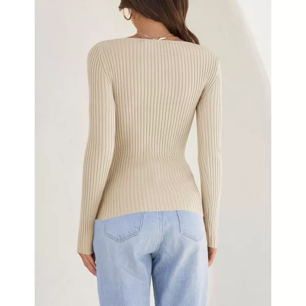 imageZESICA Womens Casual Long Sleeve Tops Square Neck Basic Shirts Fall Winter Slim Fitted Ribbed Knit SweatersSand